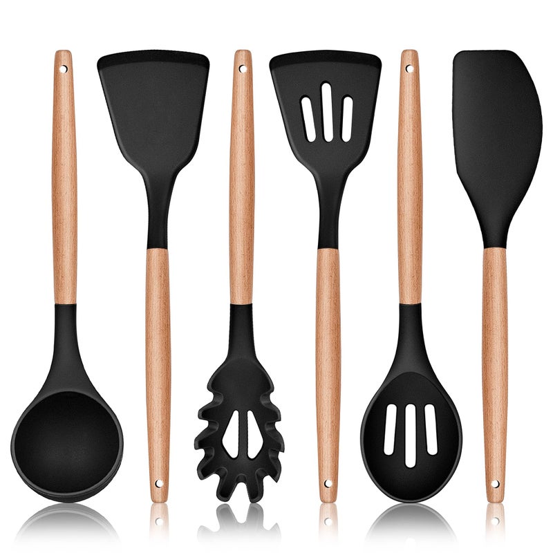 Herogo Kitchen Utensils Set 6 Piece Silicone Cooking Utensils Set NonStick Spatula Turner Spoon with Wooden Handle Heat Resistant Kitchen Tools for Nonstick Cookware  Black