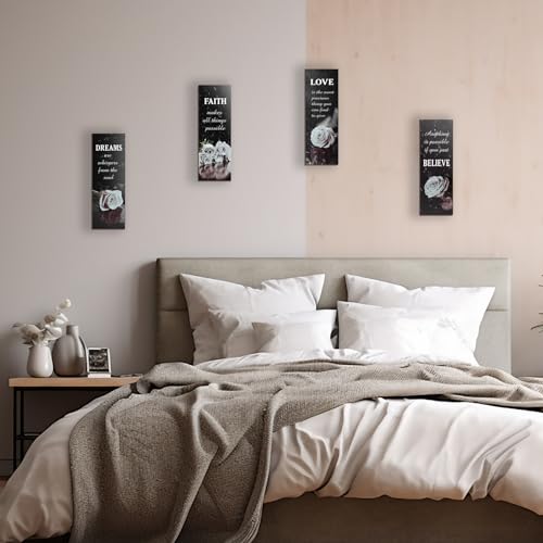 DONFENTHY 4 Pcs Black And White Bathroom Decor Grey White Rose Wooden Wall Decor Inspirational Farmhouse Signs Black White Decor For Women Office Bedroom Home Living Room Gift(White 12x4Inch) - Image 3