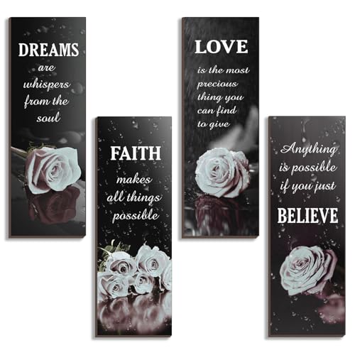 DONFENTHY 4 Pcs Black And White Bathroom Decor Grey White Rose Wooden Wall Decor Inspirational Farmhouse Signs Black White Decor For Women Office Bedroom Home Living Room Gift(White 12x4Inch) - Image 1