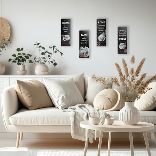 DONFENTHY 4 Pcs Black And White Bathroom Decor Grey White Rose Wooden Wall Decor Inspirational Farmhouse Signs Black White Decor For Women Office Bedroom Home Living Room Gift(White 12x4Inch) - Image 5