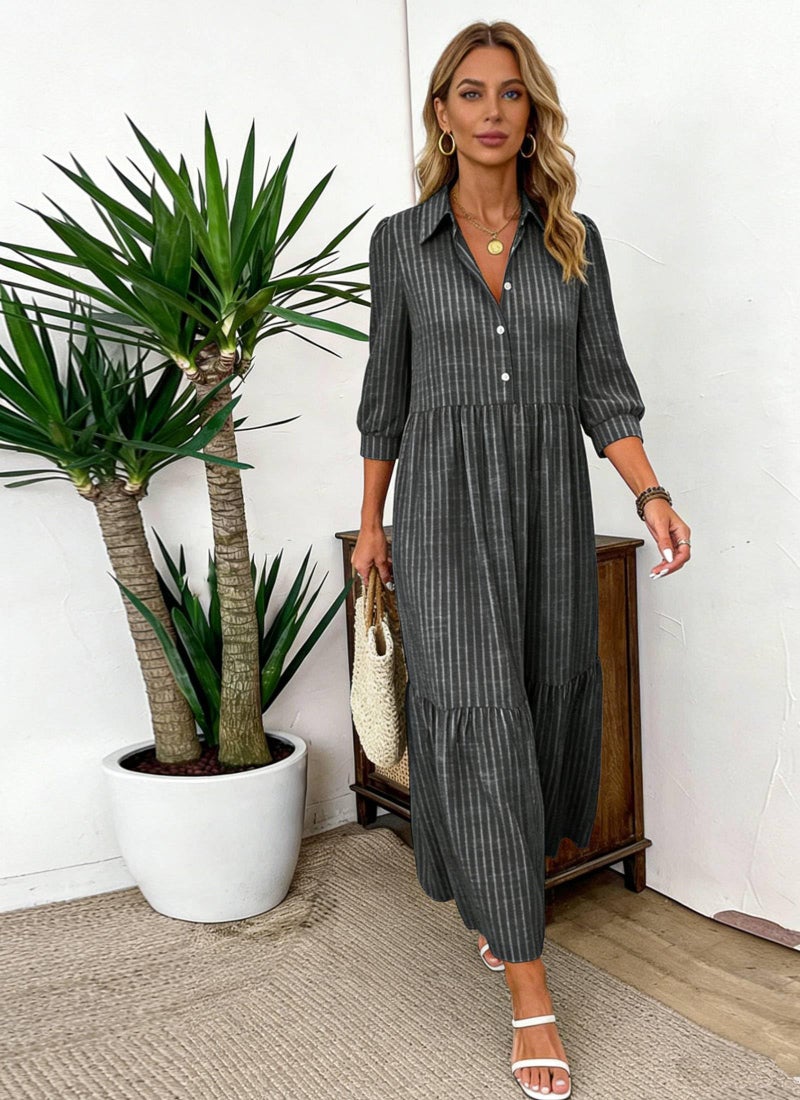 XNC Women's Striped Maxi Dresses 2026 Summer Fashion Collared Boho Dress Print 3/4 Sleeve Work Dress with Pockets Black - Image 3