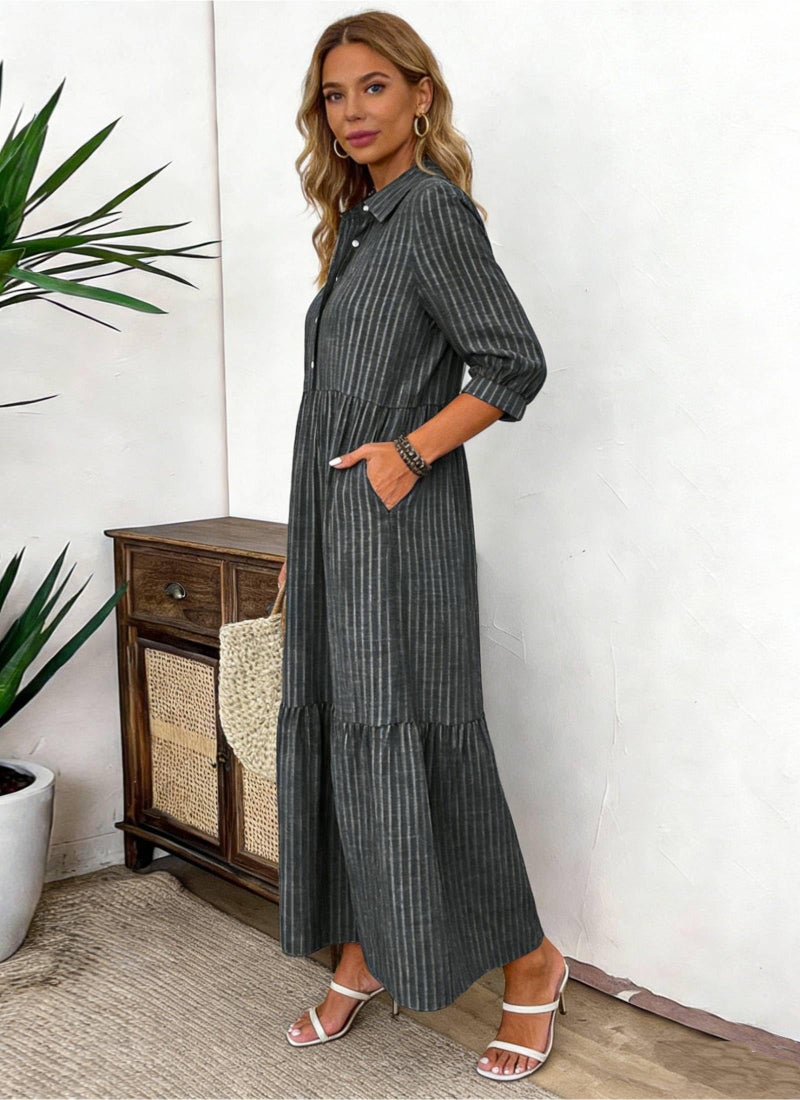 XNC Women's Striped Maxi Dresses 2026 Summer Fashion Collared Boho Dress Print 3/4 Sleeve Work Dress with Pockets Black - Image 4
