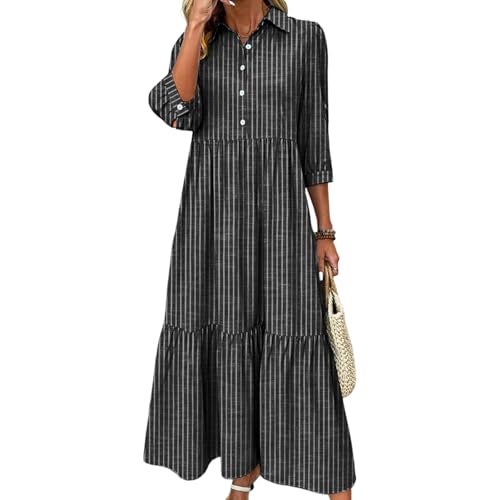 XNC Women's Striped Maxi Dresses 2026 Summer Fashion Collared Boho Dress Print 3/4 Sleeve Work Dress with Pockets Black - Image 1