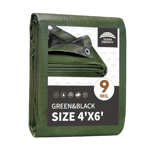 RAINDEWAY Small Tarps 4x6 Waterproof,Tarp Small,9Mil Thick Finished Size,Multipurpose Poly Tarp Cover with Metal Grommets and Reinforced Edges,Green/Black Tarpaulin - Image 1