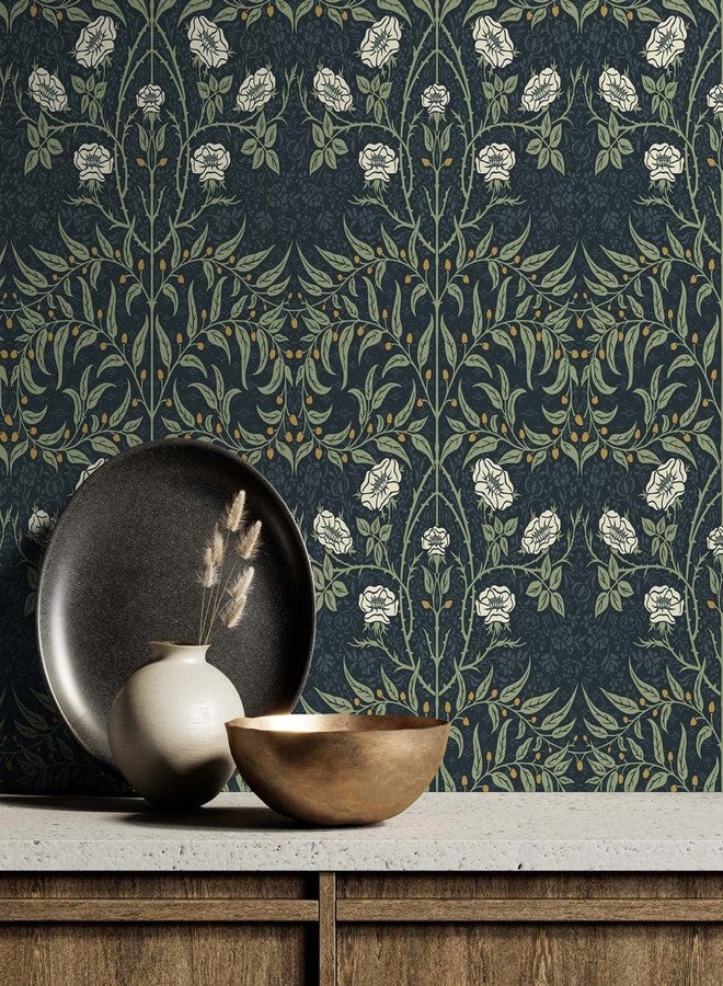 NextWall Stenciled Floral Peel and Stick Wallpaper (Navy & Sage) - Image 2