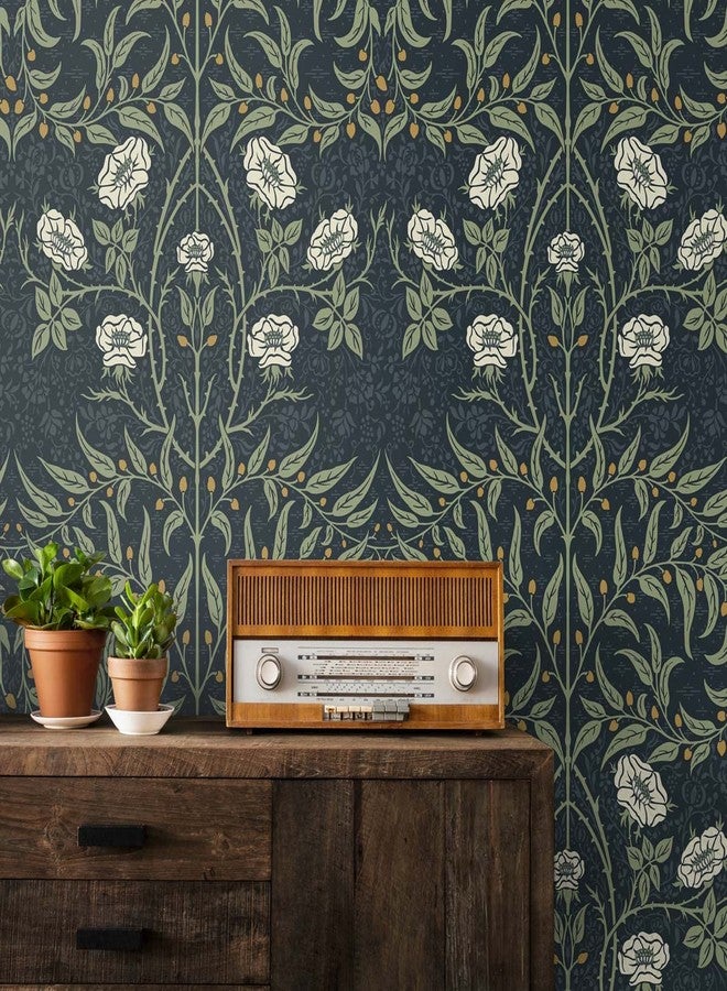 NextWall Stenciled Floral Peel and Stick Wallpaper (Navy & Sage) - Image 4