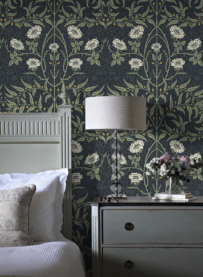 NextWall Stenciled Floral Peel and Stick Wallpaper (Navy & Sage) - Image 5