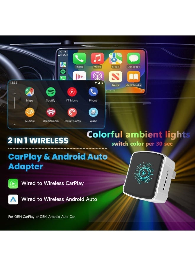 2-in-1 Apple CarPlay & Android Auto Wireless Adapter - 2025 Upgraded Mini Dongle with USB-C, Plug & Play Seamlessly Converts Factory Wired to Wireless, Fast Auto-Connect No Delay for Cars 2016+ - Image 2