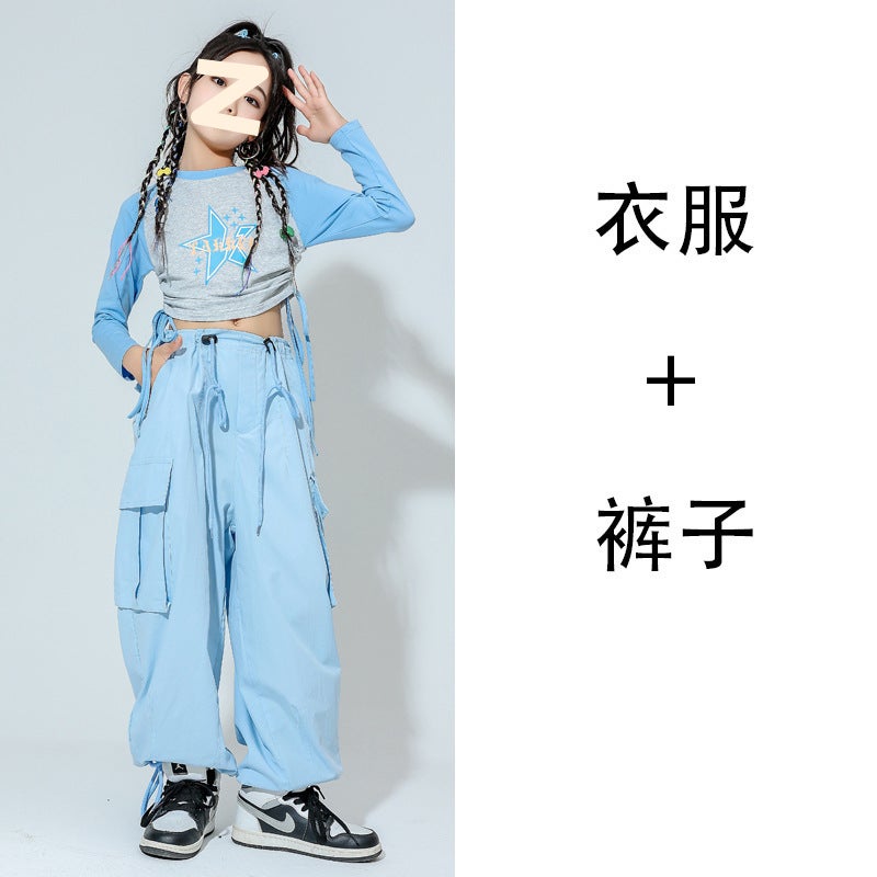 Girls Summer Dress Street Dance Sough and Handsome suit 2024 New Childrens Dopamine Show Jazz Dance Dress 2005 long-sleeved top + blue overalls 