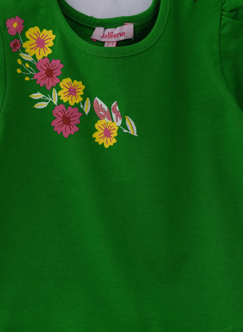 Jelliene Vibrant Green Floral Cotton Tee for Girls