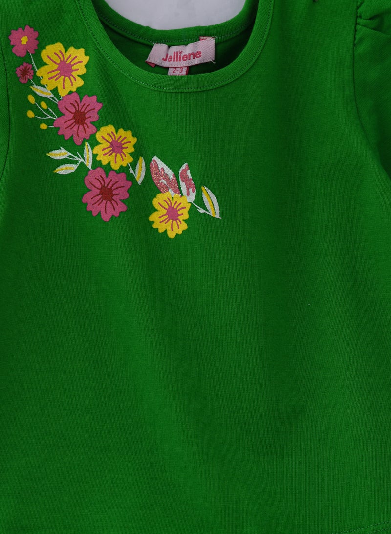 Jelliene Vibrant Green Floral Cotton Tee for Girls - Image 3