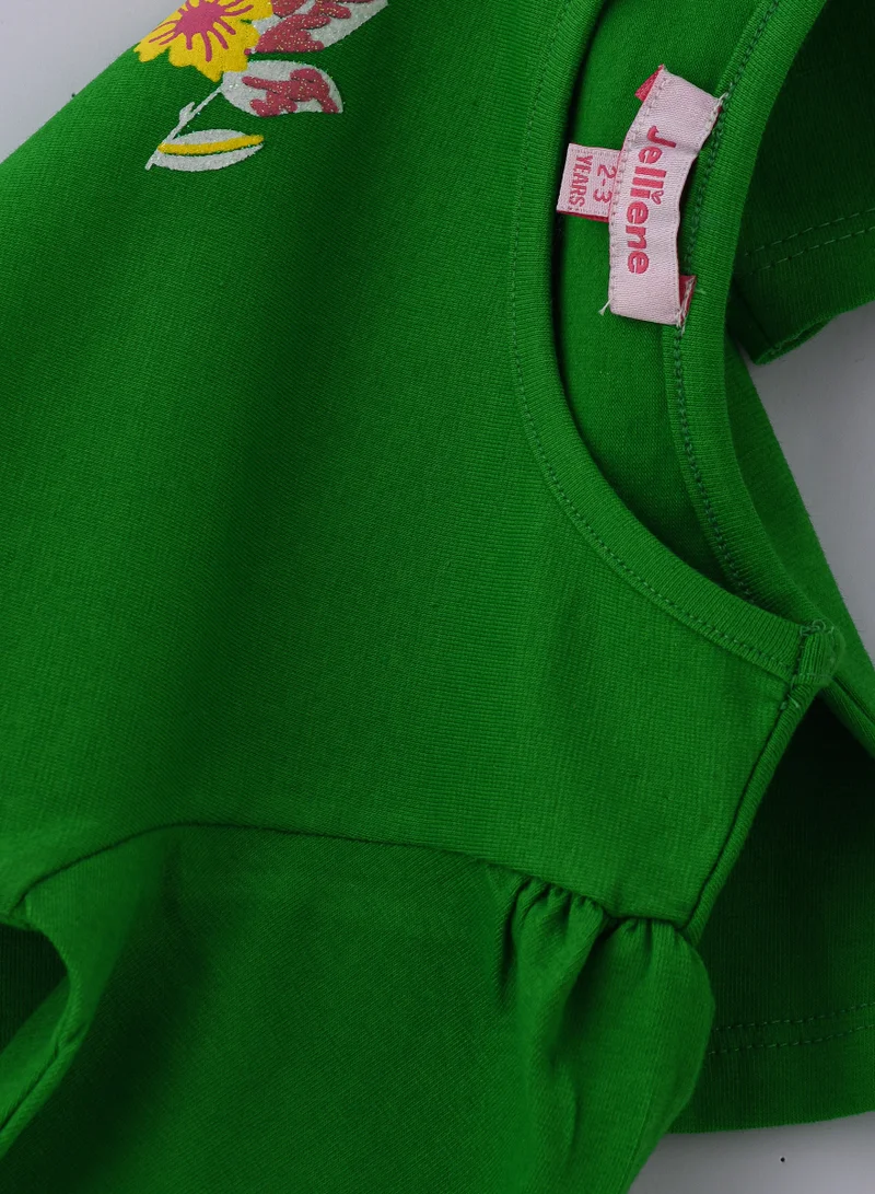 Jelliene Vibrant Green Floral Cotton Tee for Girls