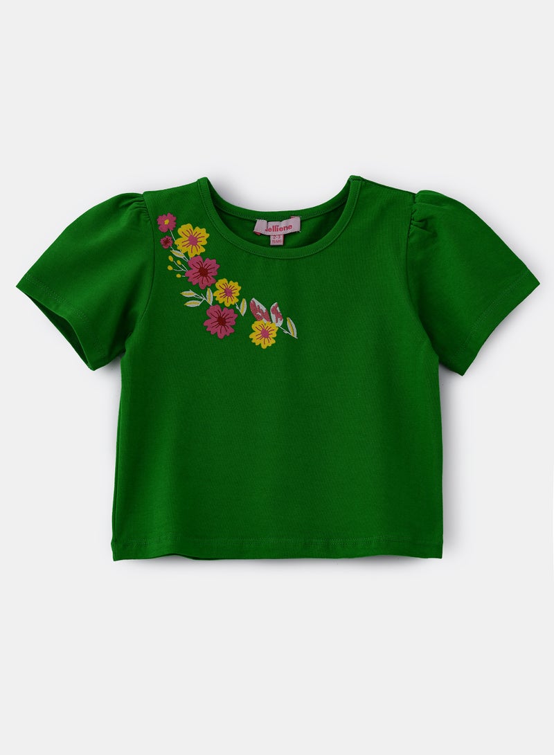 Jelliene Vibrant Green Floral Cotton Tee for Girls - Image 1