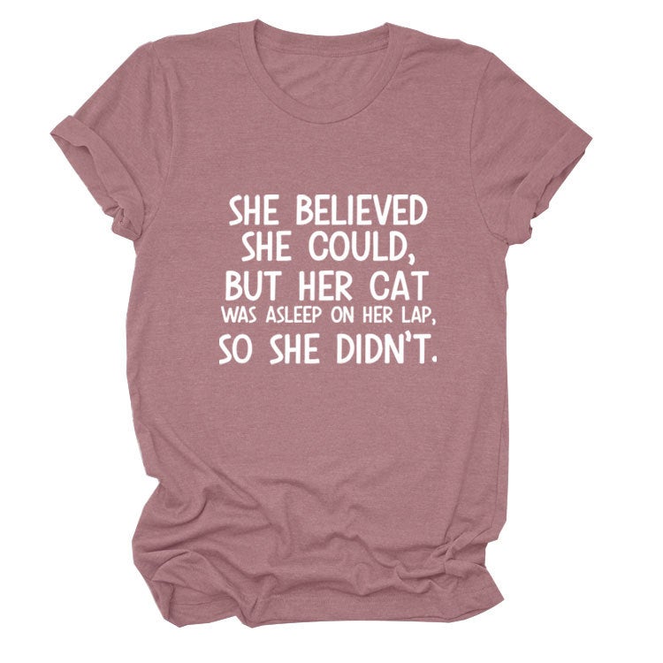 She Believed She C Letter Printed Loose T-Shirt Versatile and Comfortable Short Sleeves - Image 1