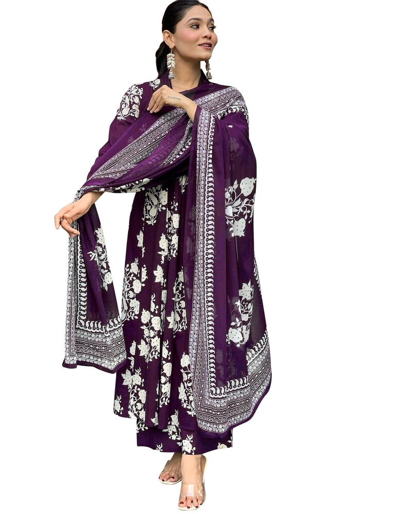 Toochki Dress for Women | Kurti Set for Women's | Anarkali Fit & Flared Kurtas for Woman | Cotton Kurtis for Woman's | Kurta with Palazzo & Dupatta | Ethnic Salwar Suits Sets Dress Purple - Image 1