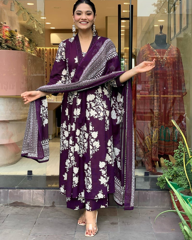 Toochki Dress for Women | Kurti Set for Women's | Anarkali Fit & Flared Kurtas for Woman | Cotton Kurtis for Woman's | Kurta with Palazzo & Dupatta | Ethnic Salwar Suits Sets Dress Purple - Image 2
