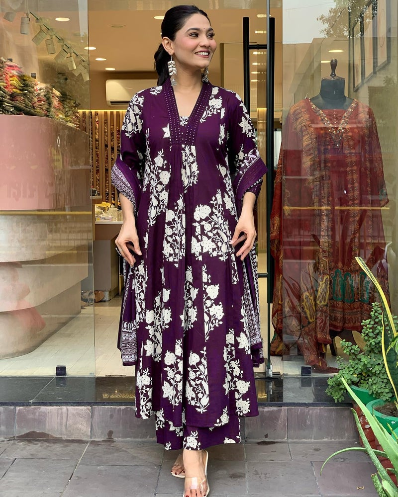 Toochki Dress for Women | Kurti Set for Women's | Anarkali Fit & Flared Kurtas for Woman | Cotton Kurtis for Woman's | Kurta with Palazzo & Dupatta | Ethnic Salwar Suits Sets Dress Purple - Image 4
