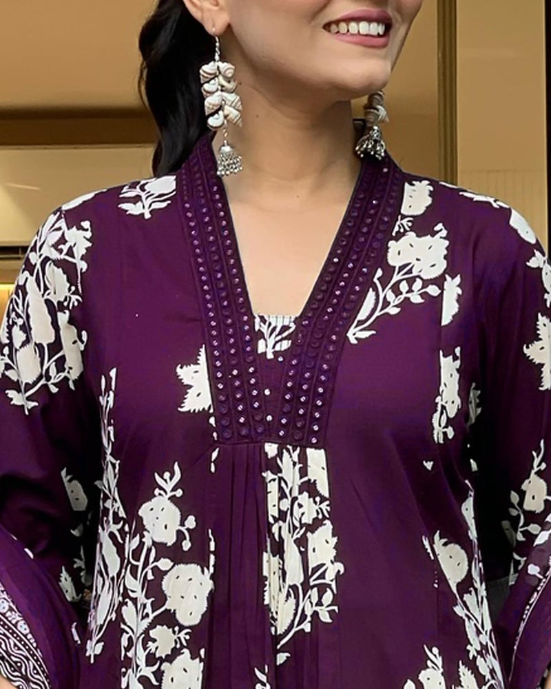 Toochki Dress for Women | Kurti Set for Women's | Anarkali Fit & Flared Kurtas for Woman | Cotton Kurtis for Woman's | Kurta with Palazzo & Dupatta | Ethnic Salwar Suits Sets Dress Purple - Image 3