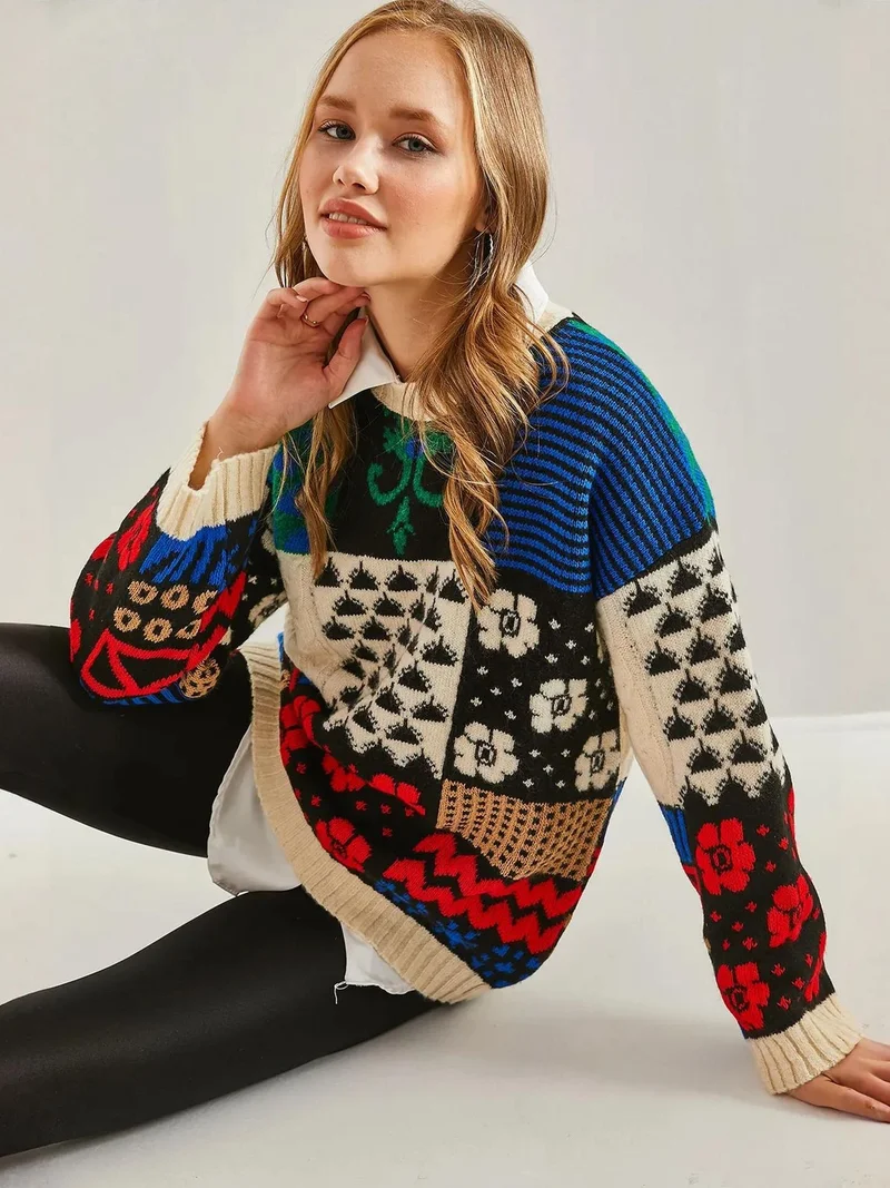 Bianco Lucci Ivory Natural LUCCI Thick Abstract Ribbed Knit Sweater with Crew Neck for Women | Best Price UAE