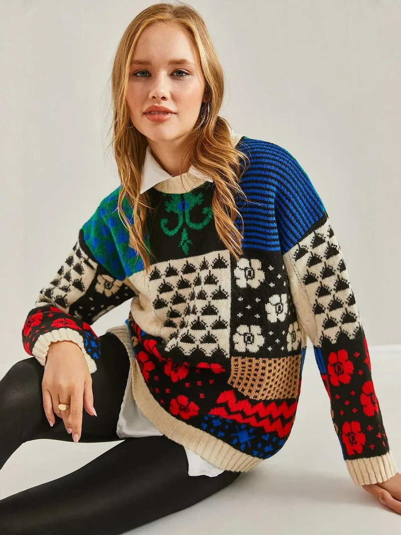 Bianco Lucci Ivory Natural LUCCI Thick Abstract Ribbed Knit Sweater with Crew Neck for Women | Best Price UAE