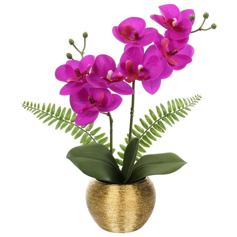 Briful Fake Orchid Flowers 13 Hot Pink Orchids Artificial Flowers with Gold Ceramic Vase Faux Orchid for Home Office Table Centerpiece Decor Indoor