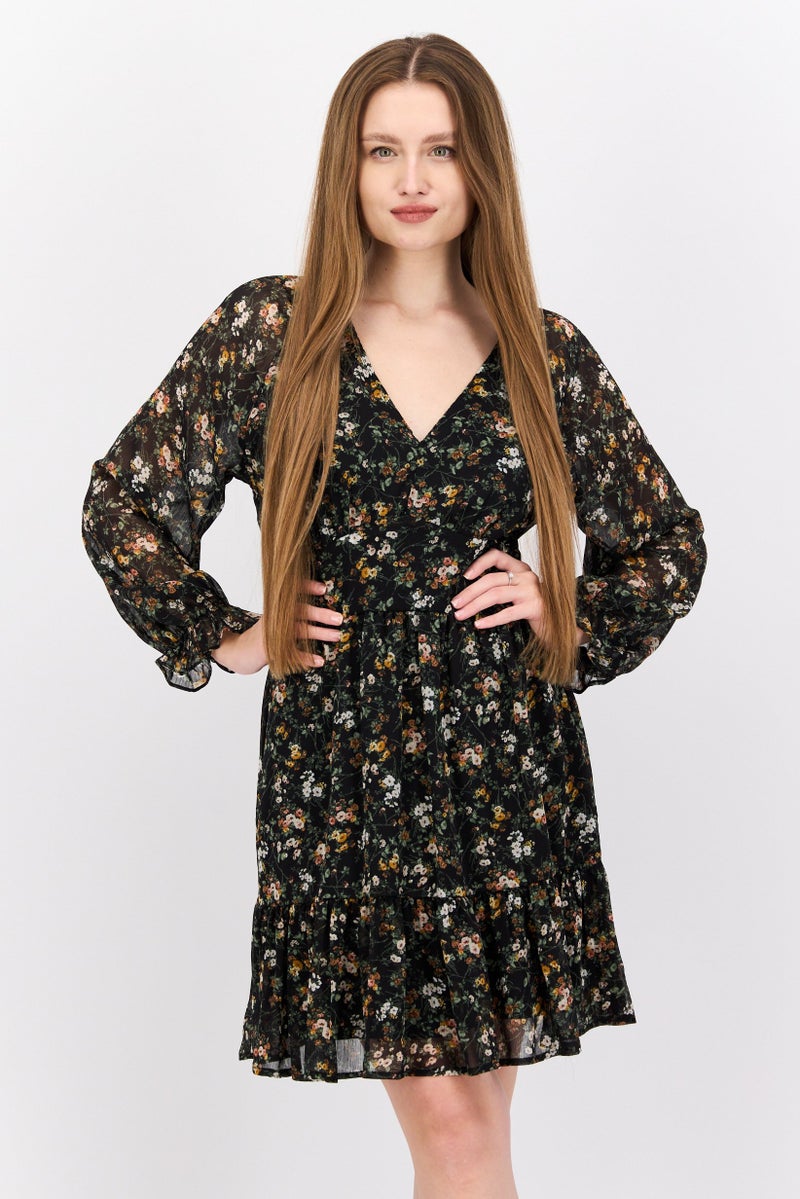 DEX فستان ميني مزخرف بالورود للنساء، مجموعة سوداء - Image 1