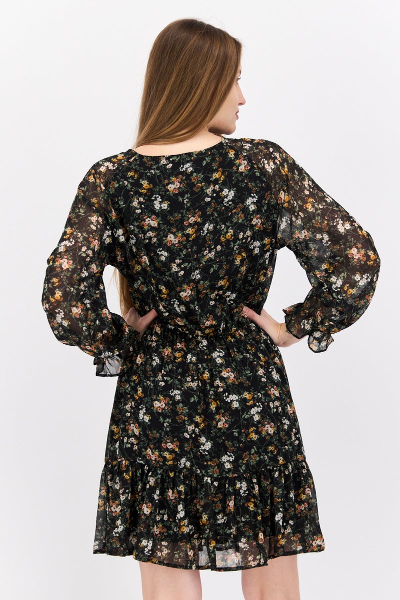 DEX فستان ميني مزخرف بالورود للنساء، مجموعة سوداء - Image 2