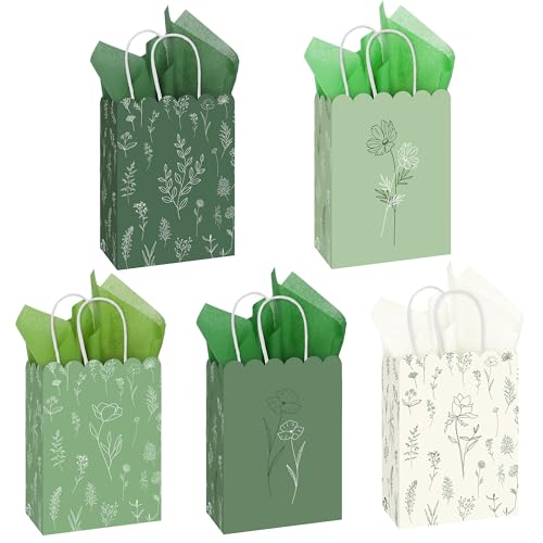 MIMIND 60 Pcs Sage Green Wildflower Gift Bags with Handles Reusable Floral Paper Bags with Tissue Paper for Weddings Birthdays Baby Shower Party Favors - Image 1