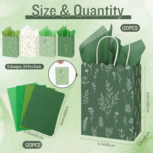 MIMIND 60 Pcs Sage Green Wildflower Gift Bags with Handles Reusable Floral Paper Bags with Tissue Paper for Weddings Birthdays Baby Shower Party Favors - Image 2