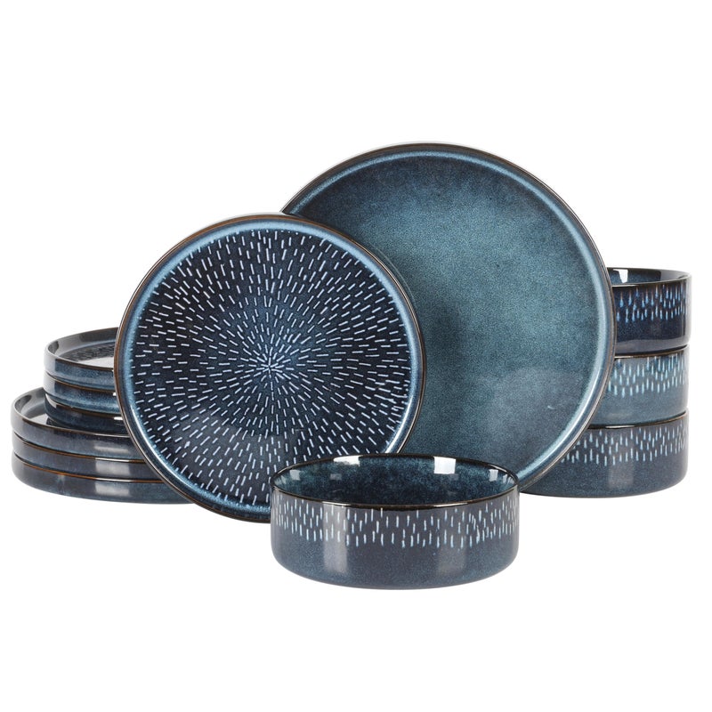Gibson Elite 12 Piece Matisse Moderna Stoneware Reactive Glaze Plates and Bowls Dishes Dinnerware Set - Cobalt Blue - Image 1