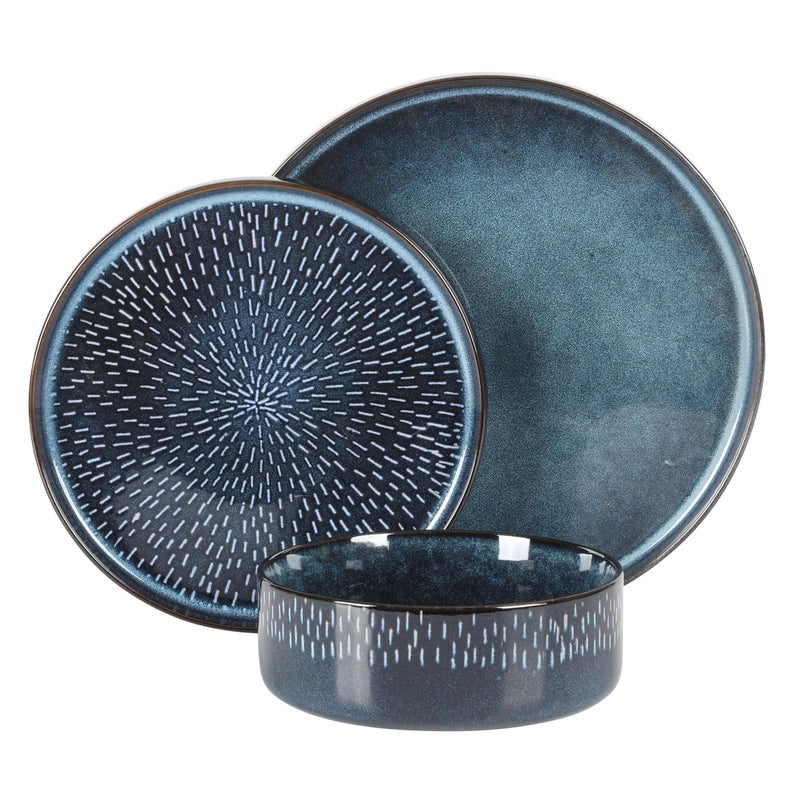 Gibson Elite 12 Piece Matisse Moderna Stoneware Reactive Glaze Plates and Bowls Dishes Dinnerware Set - Cobalt Blue - Image 4