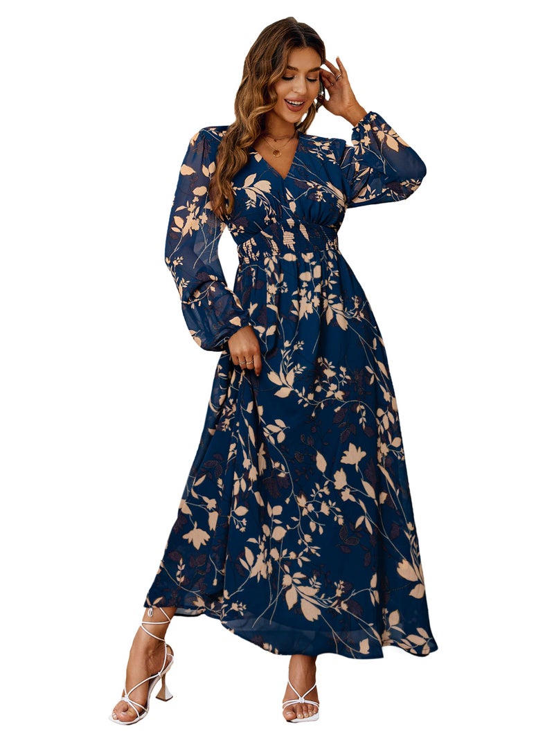 Simplee Apparel Simplee Womens Casual Boho Floral Maxi Dress V Neck Long Sleeve Wedding Guest Dress Flowy Holiday Beach Empire Waist Long Dresses (Medium Blue Leaf) - Image 1