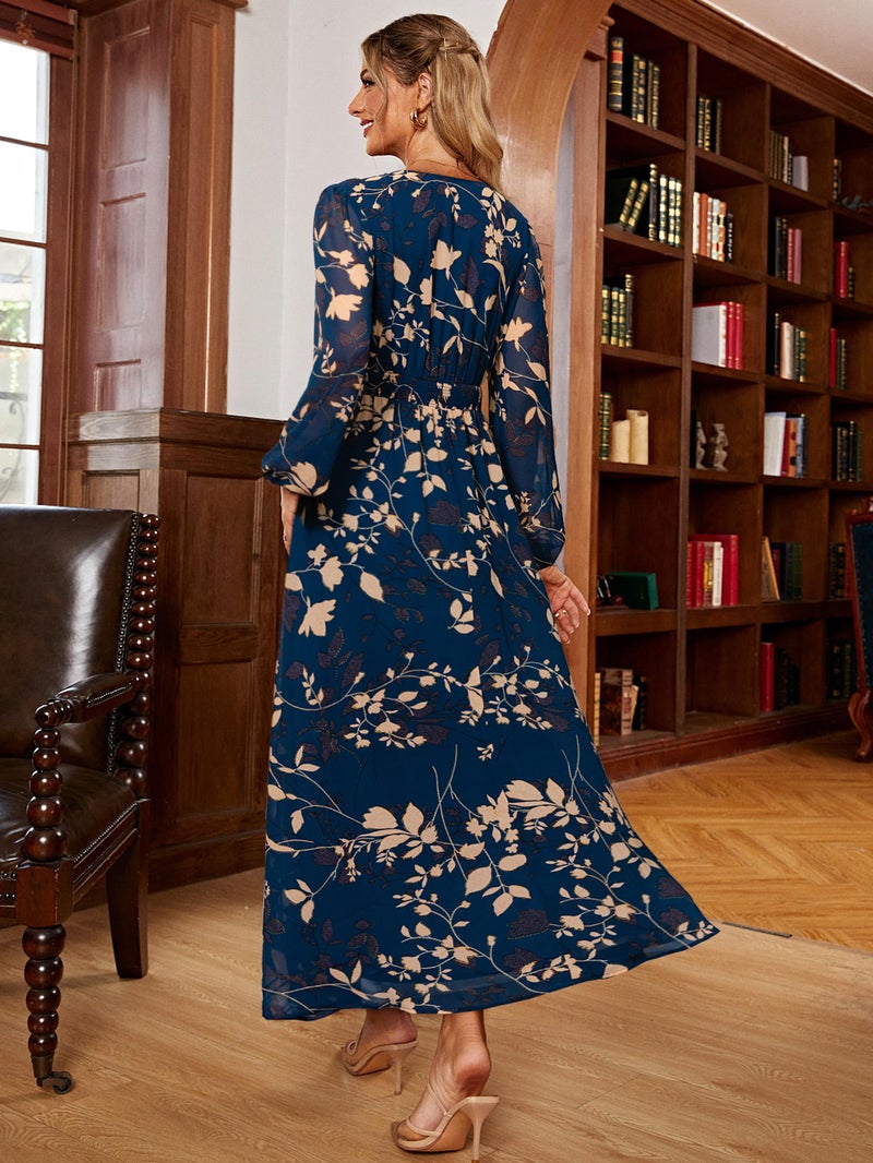 Simplee Apparel Simplee Womens Casual Boho Floral Maxi Dress V Neck Long Sleeve Wedding Guest Dress Flowy Holiday Beach Empire Waist Long Dresses (Medium Blue Leaf) - Image 4