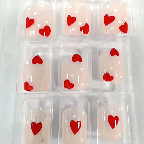 KZBTRBT 24Pcs Valentines Day Press on Nails Short Square Cute Heart Fake Nails Full Cover Glue on Nails with Design Red Heart Nude Glossy Artificial Stick on Nails False Nails for Women Girls - Image 5