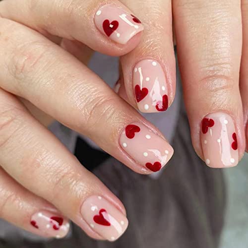 KZBTRBT 24Pcs Valentines Day Press on Nails Short Square Cute Heart Fake Nails Full Cover Glue on Nails with Design Red Heart Nude Glossy Artificial Stick on Nails False Nails for Women Girls - Image 2
