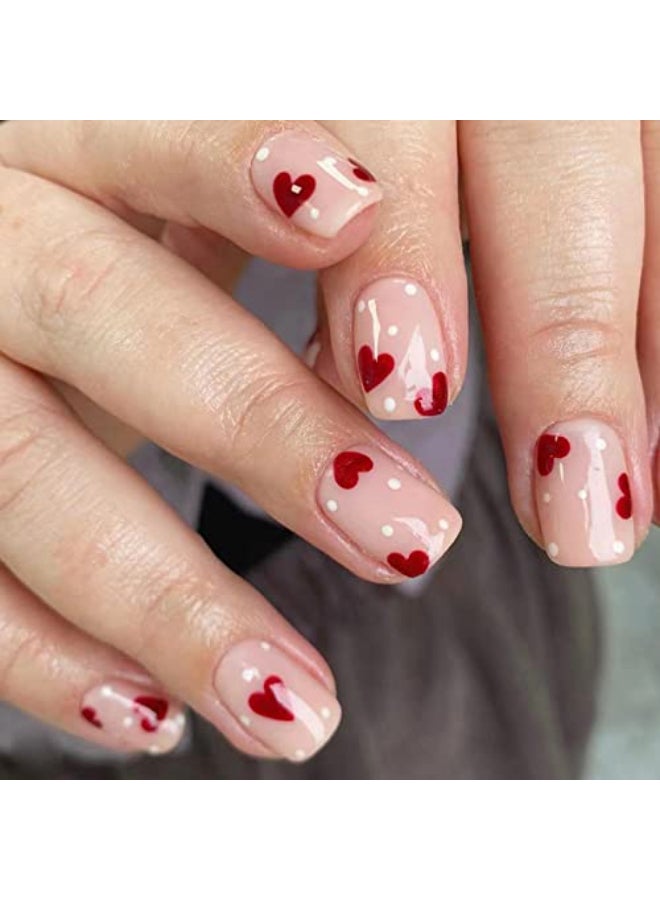 KZBTRBT 24Pcs Valentines Day Press on Nails Short Square Cute Heart Fake Nails Full Cover Glue on Nails with Design Red Heart Nude Glossy Artificial Stick on Nails False Nails for Women Girls - Image 1