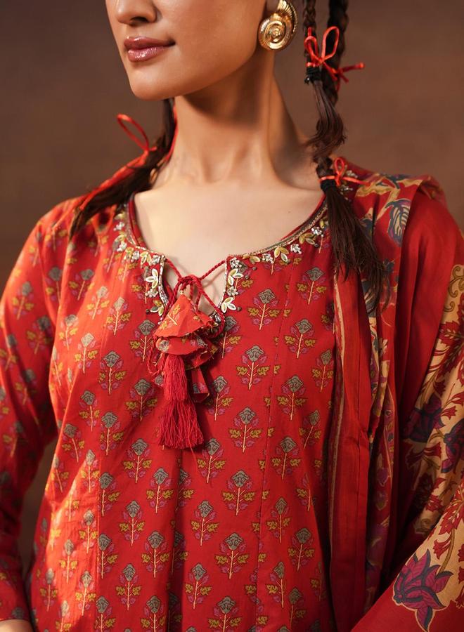 ISHIN Women's Red Cotton Printed Tunic Upper Calf Length Palazzo Bottom Regular Fit 3 Peice Kurta Set - Image 5