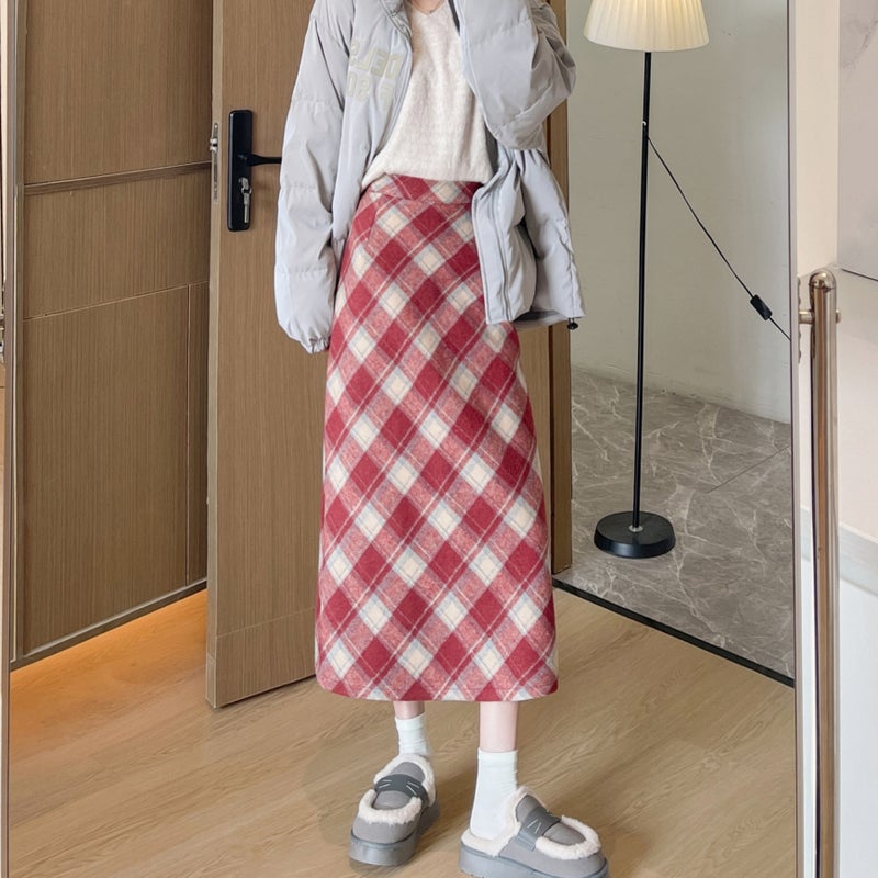 Woolen Hip Skirt Autumn and Winter New Arrival Long Skirt Womens All-Match High Waist Slimming Ace Retro Twill Plaid Skirt Khaki - Image 2