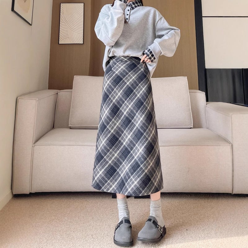 Woolen Hip Skirt Autumn and Winter New Arrival Long Skirt Womens All-Match High Waist Slimming Ace Retro Twill Plaid Skirt Khaki - Image 4