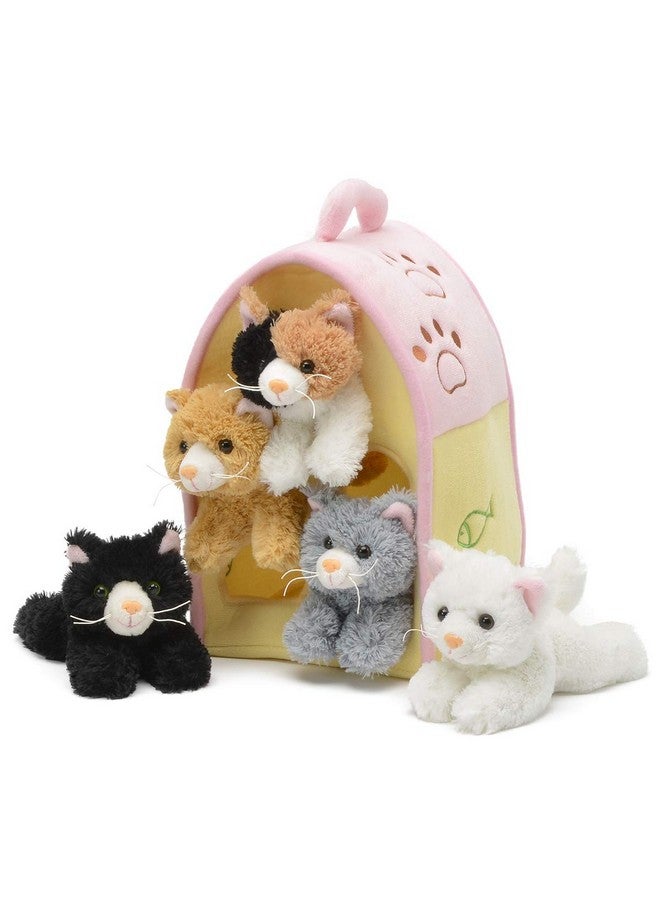 Unipak Plush Cat House with Cats - Five (5) Stuffed Animal Cats in Play Kitten House Carrying Case