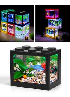 USB Mini Aquarium Fish Tank with LED Light Small Fish Tank Office Desktop Decoration Black 16X10.5X14Cm