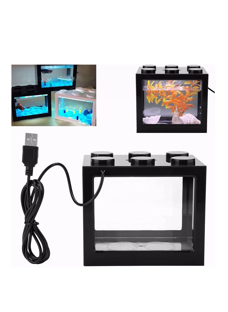 Generic - USB Mini Aquarium Fish Tank with LED Light Small Fish Tank Office Desktop Decoration Black 16X10.5X14Cm - Image 1