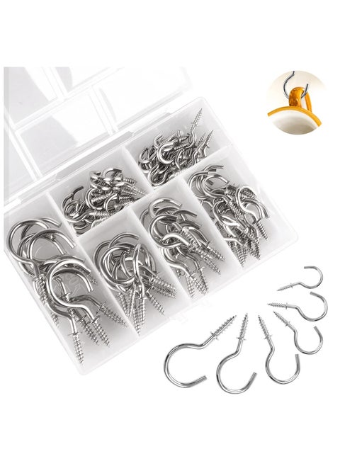 75 Pieces Small Hooks Screw In, 6 Sizes Metal Screw Hooks for Wood, Cup Hooks Screw In, Sliver Screw in Hooks for Hanging Mug Key and Garden Lights (Silver)