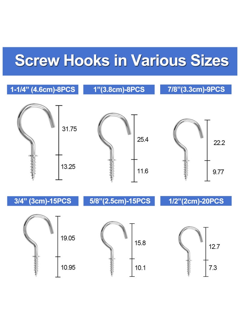 sokany - 75 Pieces Small Hooks Screw In, 6 Sizes Metal Screw Hooks for Wood, Cup Hooks Screw In, Sliver Screw in Hooks for Hanging Mug Key and Garden Lights (Silver) - Image 1