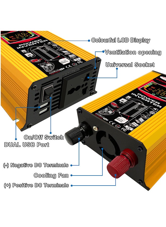 Generic - Modified Sine Wave Inverter High Frequency 6000W Power Watt Power Inverter DC12V-AC220V Converter Car Power Charger Inverter with 2.1A Dual USB Port Battery Clips Car Cigarette Plug LCD Display Screen - Image 1