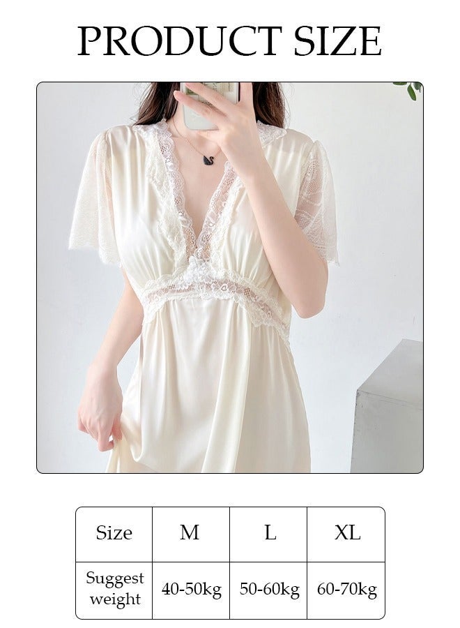 DUNISO Women's Short Sleeve Nightgown Lace Pajama Dress Sleepwear Girls Comfortable V Neck Nightwear Summer Home Wear Lounge Dress - Image 2