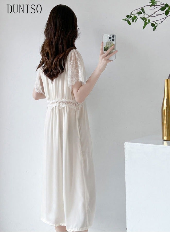 DUNISO Women's Short Sleeve Nightgown Lace Pajama Dress Sleepwear Girls Comfortable V Neck Nightwear Summer Home Wear Lounge Dress - Image 4