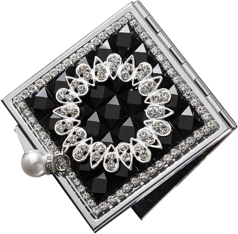 Uonlytech Double-Sided Portable Small Metal Makeup Mirror with Pearl Pendant Foldable Compact Cosmetic Mirror for Women Travel-Friendly Carry Vanity in Black - Image 1