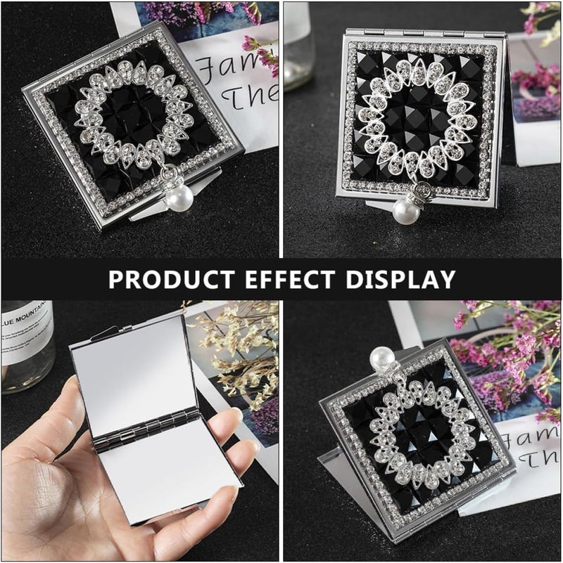 Uonlytech Double-Sided Portable Small Metal Makeup Mirror with Pearl Pendant Foldable Compact Cosmetic Mirror for Women Travel-Friendly Carry Vanity in Black - Image 4