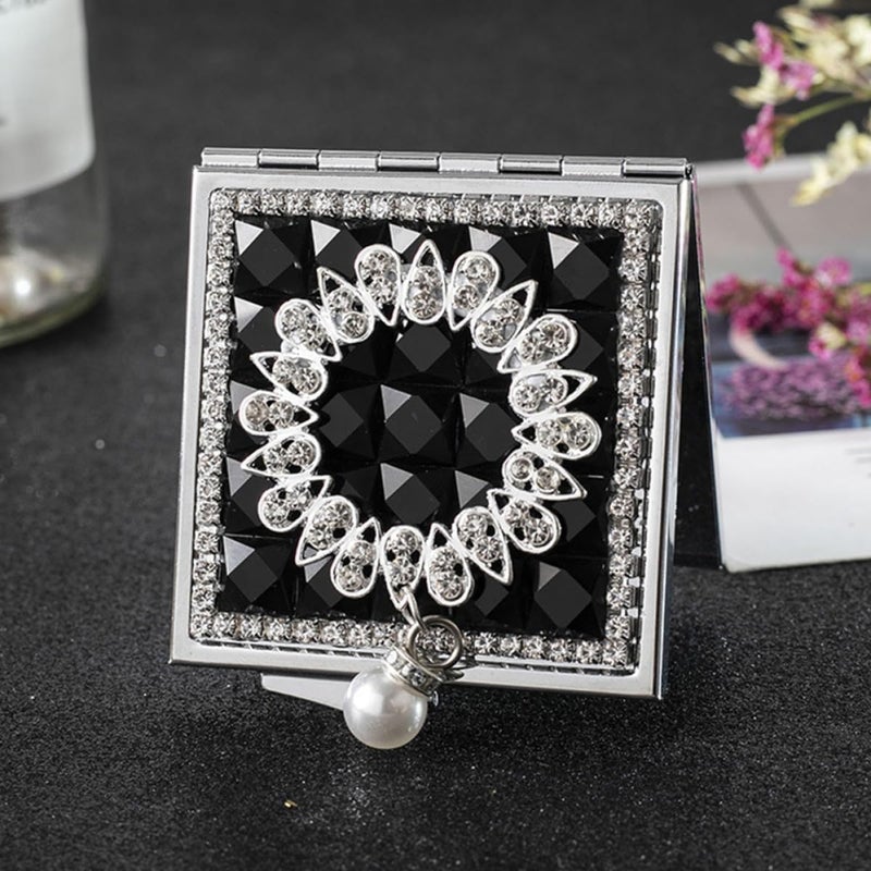 Uonlytech Double-Sided Portable Small Metal Makeup Mirror with Pearl Pendant Foldable Compact Cosmetic Mirror for Women Travel-Friendly Carry Vanity in Black - Image 5